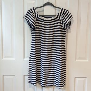 Motherhood Navy Striped off the Shoulder Maternity Dress Large